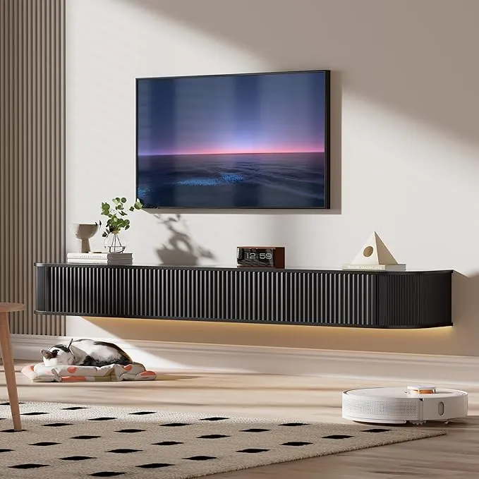 Mueble de TV Flotante con Luz LED - Mueble de TV Montado en Pared de 180CM con Almacenamiento Mejorado y Bordes Redondeados, Consola Multimedia de TV Moderna para Televisores 65-75 Pulgadas