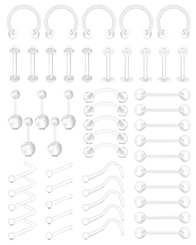 AceFun 66 piezas de retenedores transparentes para piercing de tabique, para nariz, labios, oreja, nariz, lengua, pezón, aretes de plástico industrial, Acrílico Sin metal acrílico
