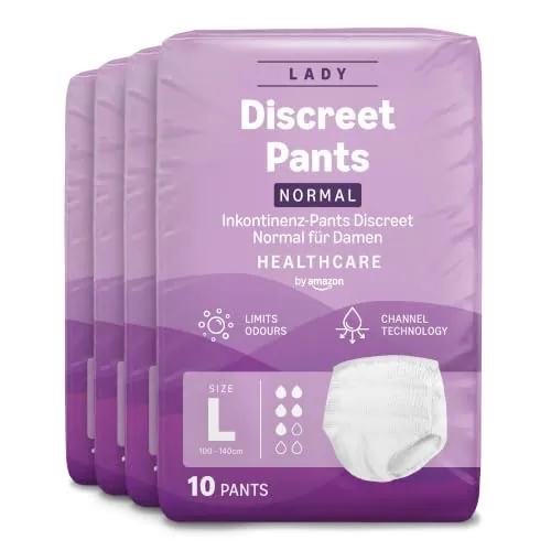 Healthcare by Amazon Pant Mujer Discreet L – 40 Unidad (4 Paquetes de 10), Blanco (Anteriormente una marca Amazon Basic Care, el mismo producto) - El embalaje puede variar