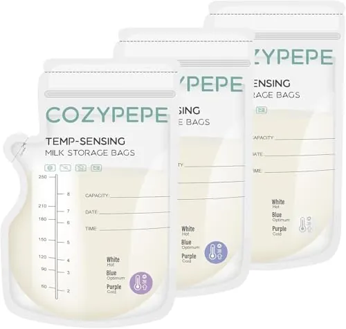 Bolsas para Leche Materna de 200 Piezas, Bolsas para Congelar Leche Materna de 250ml con Boquilla para Verter, Bolsa de Leche Materna con Cambio de Color por Sensibilidad a la Temperat, Libre de BPA