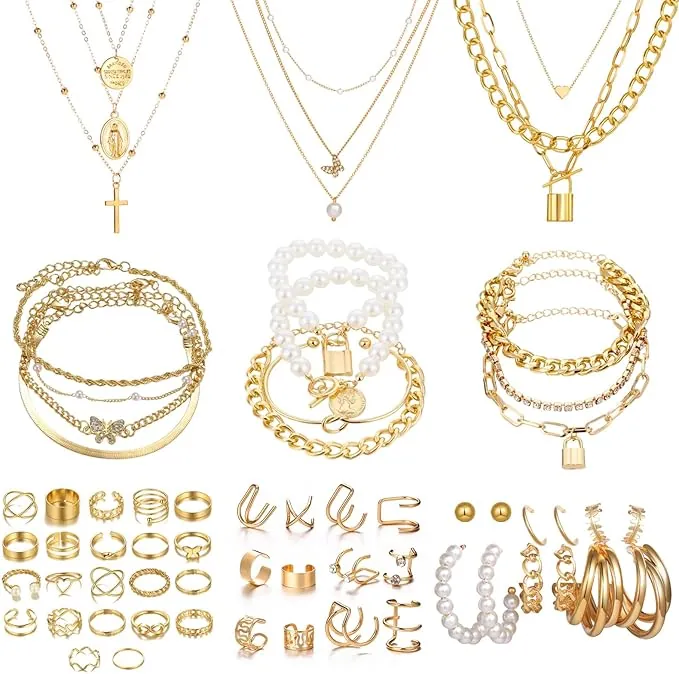 JSTHHTT Joyas de Mujer, Set de 60 Piezas, Conjunto de Joyas de Oro Para Mujer, Collar, Pulseras, Anillos de Nudillo, Ear Cuffs, Pendiente, Joyería y Colgante para Mujeres, Oro