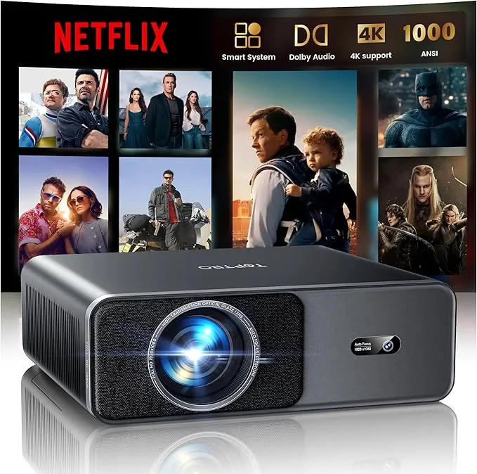Proyector 4K【App Oficial Integrada/Dolby】 1000ANSI Smart Proyector Compatible con Netflix AI Auto Auto/Keystone, Proyector1080P Nativo WiFi 6 Bidireccional BT5.2 Zoom 50% para Cine en Casa/Exterior