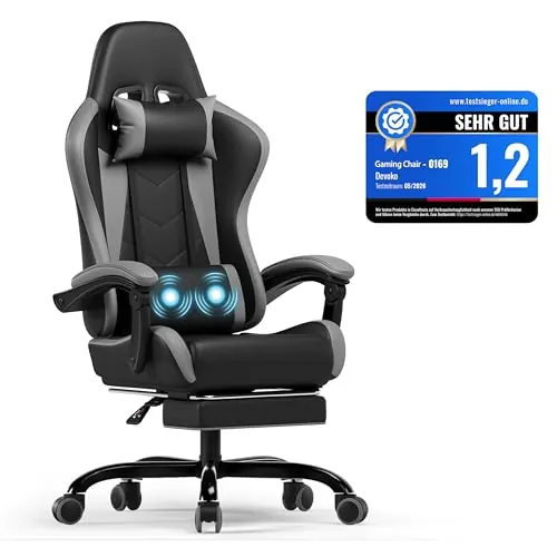 Devoko Silla Gaming con Masajeador, Silla Oficina con Reposapiés, Silla Juego de Carreras con una Carga de 150kg, Respaldo Ajustable Alto Silla Ergonomica de Juegos Reclinable 90-135°(Azul)