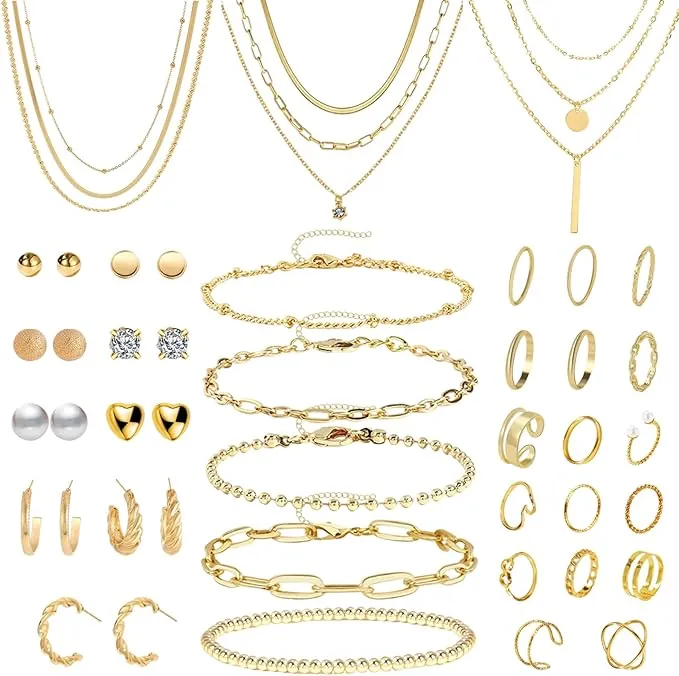 JSTHHTT Joyas de Mujer - Set de 40 Piezas: Brazalete Dorado, Cadena y Collar Oro, Gargantilla y Choker Dorado, Bisutería, Joyería y Colgante para Mujeres, Oro