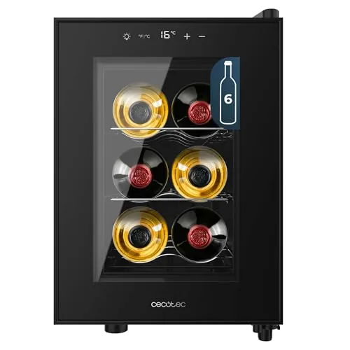Cecotec Vinoteca 6 Botellas Bolero GrandSommelier 600 CoolCrystal E. Estantes Metálicos, Control Táctil, Temperatura 8 a 18ºC, Temperatura 8 a 18ºC, Negra