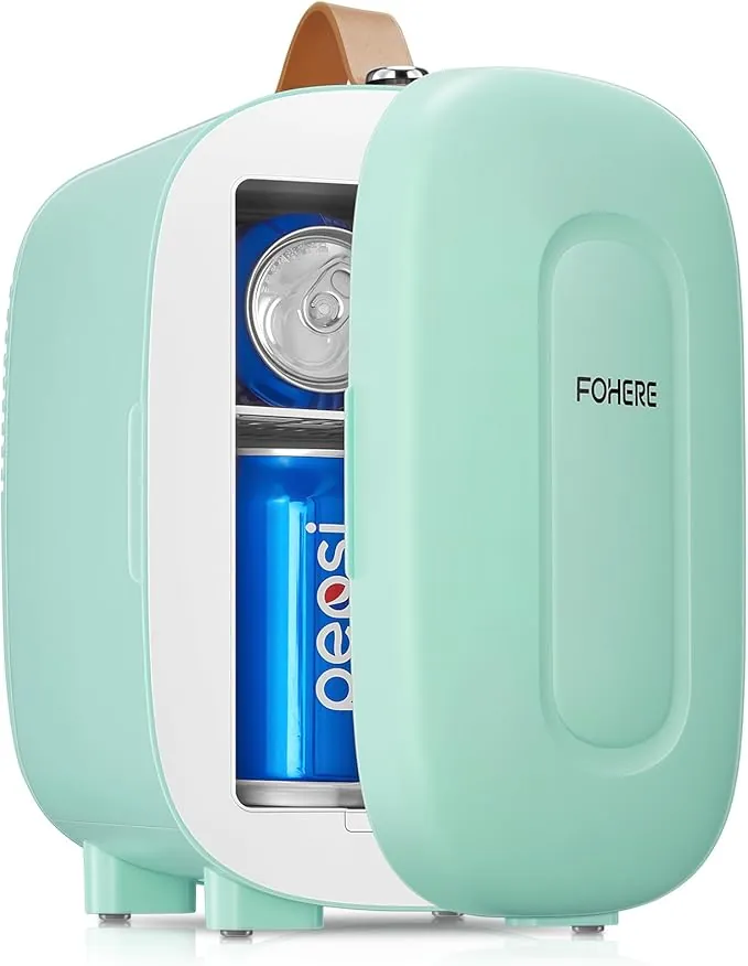FOHERE Mini Nevera 5L,USB/CA 220V/ CC 12V, Comética Pequeña Nevera para Dormitorio, Silencioso, Portátil y Compacto, para Coche, Oficina, Dormitorio（Verde）