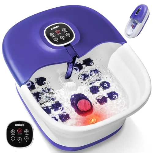 Pediluvio con masaje y función de calentamiento, masajeador de pies plegable, control remoto, función de calor, reflejos, temporizador, pediluvio con 16 rodillos shiatsu, violeta