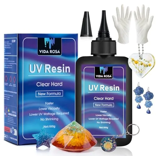 VidaRosa Resina UV 100g Tipo Duro Transparente para Fundición y Recubrimiento/Moldes/Creación de Colgantes de Joyería, Pendientes, Pulseras/Manualidades DIY, Curado Rápido