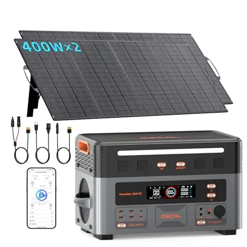 3600W Estación de Energía Portátil PowerMax 3600PE con 2 Panel 400W, Generador Solar 2016Wh, Batería LiFePO4, Carga Rápida 80% en 45min, APP, Power Station para Camping/Caravana/Emergencias