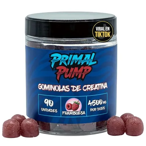 Primal Pump Gominolas de Creatina Monohidratada 4.5g - Sabor Frambuesa - Creatina para Rendimiento y Potencia - Sin Azúcar, Vegano y Sin Gluten