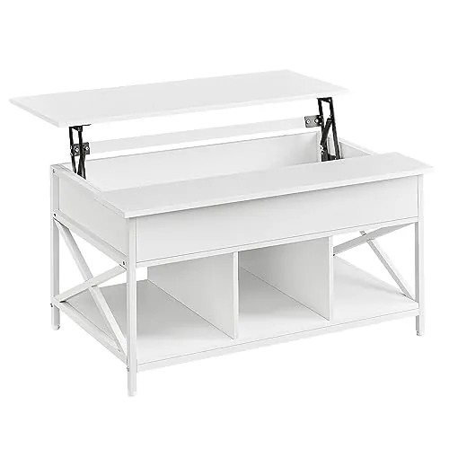 VASAGLE Mesa de Centro, Mesa de Café con Tablero Elevable, para Dormitorio, con Espacio Abierto y Oculto, Barras en Forma de X, 60 x 100 x (48-62) cm, Blanco Nieve y Blanco LCT205W46