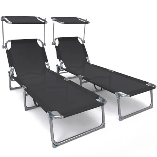 VOUNOT® Juego de 2 Tumbonas Plegables con Parasol, Tumbona Playera Reclinable 4 Posiciones, Estructura Acero y Tejido Textileno, Peso Máx Soportado 110kg para Piscina, Jardín, Playa 190x58x27cm, Negro