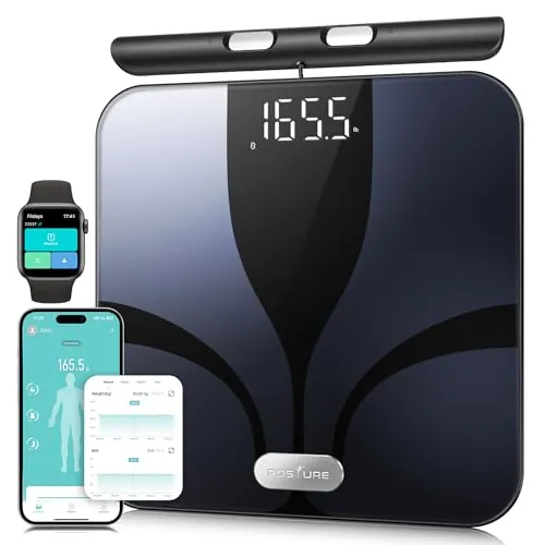Posture Báscula de Baño Inteligente 8 Electrodos, Báscula Grasa Corporal y Muscular con 28 Indicadores (IMC/Grasa/Proteínas/Músculo) y App Bluetooth, Función de Voz, 180 kg