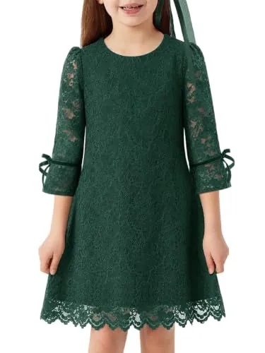 ALLOVIN Vestido de Encaje para niña, Manga 3/4, Verde Oscuro, 12-13 años