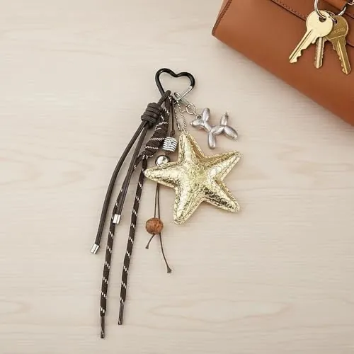 GS0061 - Abalorio de bolsa de estrella de mar dorada, colgante de metal retro con correas de cuero