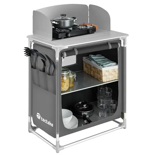 tectake® Cocina de Camping de Aluminio Plegable, Ligera, con Bolsa de Transporte, Accesorios de Cocina, Mesa Plegable Camping, Armario Mueble, Mesa - Gris