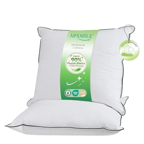 APSMILE - Almohada Plumas de Ganso 60x60 | Exterior: 90% Blanco Plumón | Interior: Mezcla de Plumas | Funda de Pillows: 100% Algodón Orgánico | Máximo Confort y Suaves| Pack de 2 Unidades