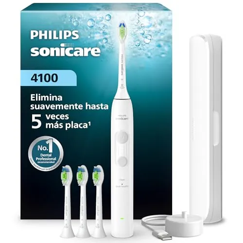 Philips Sonicare Serie 4100 - Cepillo dental sónico con sensor de presión, 4 ajustes de cepillado, función EasyStart, SmarTimer, autonomía de 21 días, estuche, blanco, HX4046/41, [Nuevo]