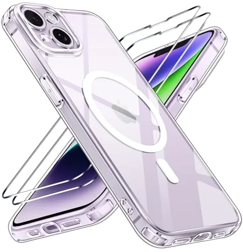 ivoler Funda Magnética para iPhone 14 con 2 Piezas Cristal Templado, Compatible con MagSafe, [Protección Militar] Protectora Antiarañazos Translúcida Mate Silicona Case, Claro