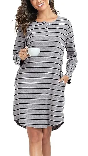 Lovasy Camison de Mujer Invierno Algodón Rayas Anchas,Gris,XXL | Manga Larga Camisones de Botones, Longitud Hasta la Rodilla, Camison Lactancia Dormir con Bolsillos