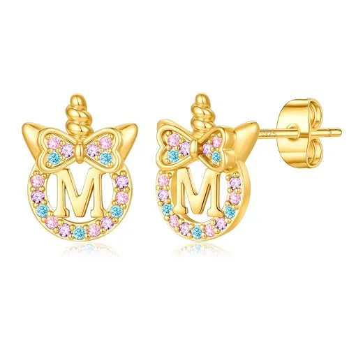 TINGN Pendientes de unicornio para niñas regalos - Plata 925 hipoalergénica arcoíris multicolor de circonia pendientes de botón con letras pendientes dorados joyería infantil regalo de unicornio para
