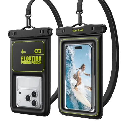 Lamicall Funda Impermeable Móvil Flotante - [Alta flotabilidad] 2 Unidades IP68 Bolsa Estanca Móvil con Cordón Desmontable, Funda Subacuática Teléfono para iPhone 17 16 15 14, Samsung, hasta 7,5"