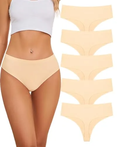 VOENXE Tangas Mujer Pack,Bragas Sin Costuras,Invisible Ropa Interior Thong | Alta Costuras Braguitas Microfibra Multicolor,Seamless Women Underwear,High Waist Cómodos Deporte Gym Tanga Panties,Pack de 5