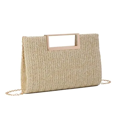 EVEOUT Bolso de Paja para Mujer - Clutch de Fiesta y Noche - Boda - Paja con Cadena - Bolsos Bandolera - Paja Tejido para Vacaciones y Playa - Color Natural - Tamaño 26 x 17 x 5 cm