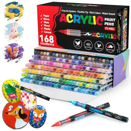 snookids Juego de 168 rotuladores acrílicos para piedras, vidrio, lienzo, cerámica, madera y papel, diferentes superficies, ideal para dibujar y proyectos de manualidades