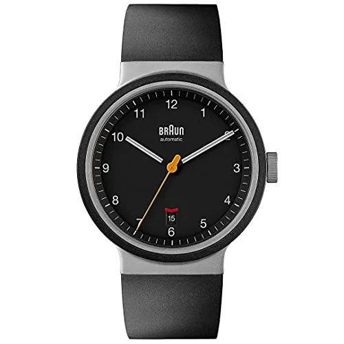 Braun Automatic 3-Hand 40mm Mens Watch with Date Analogue Watch, Rubber Strap, 40mm Stainless Steel Case with Black Dial, Model BN0278BKBKG.