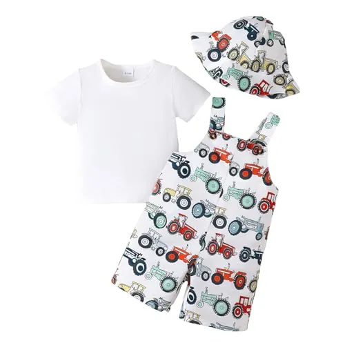 UUAISSO Ropa Para Niño Pequeño Camisetas Manga Corta Estampado Oso Coche y Dinosaurio Pantalones Tirantes Conjuntos Verano Para Bebé Niño Blanco 12-18 meses