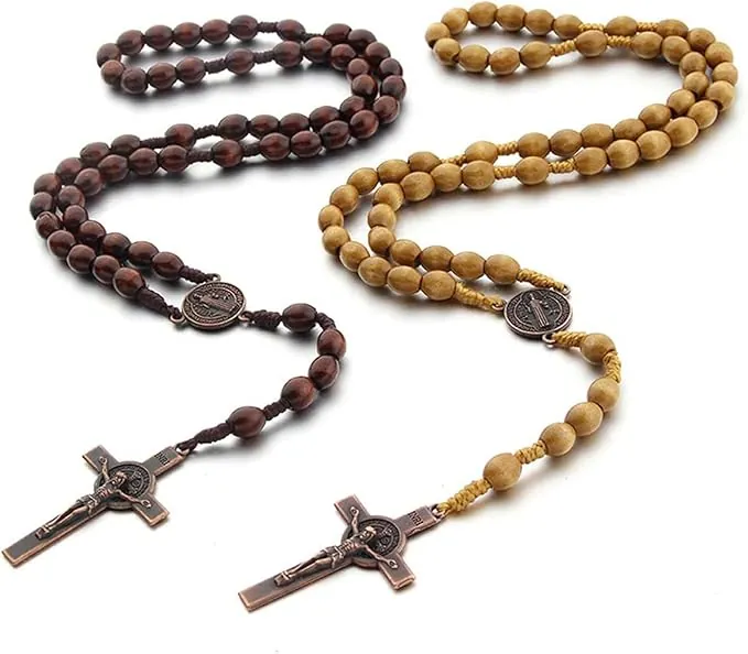 Hifot 2 Piezas Collar Rosario de Madera Mujer Hombre, Collar Católico de Cuentas Collares Oración Sagrada con Colgante Crucifijo Medalla Cruz Collares Largos Rosarios Religiosos
