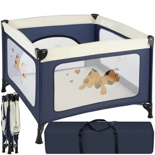 tectake® Parque Infantil Plegable con Estructura Estable, Apertura Lateral con Cremallera, Minicuna Portátil con Colchoneta, Cama Viaje, Corralito, Cuna Colecho, Cuna Bebe - 105 x 105 x 78 cm Azul