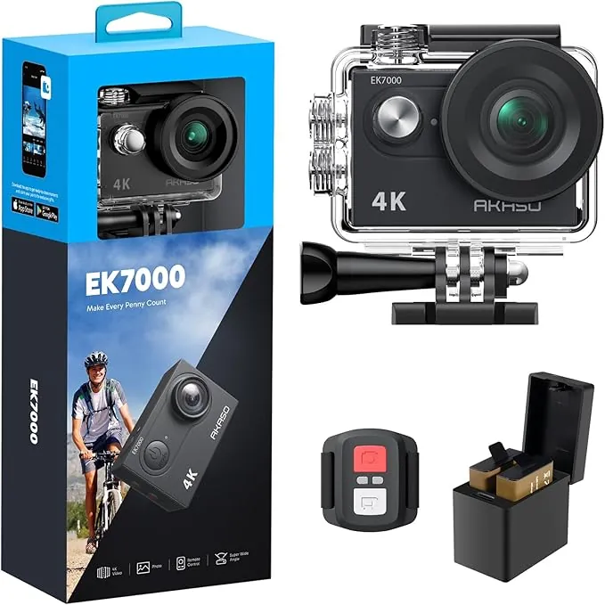 AKASO Cámara Deportiva 4K, 30FPS 20MP WiFi Cámara de Acción, Gran Ángulo 170° con Control Remoto 2.4 G, Camara Acuatica Sumergible 30M con 2 Baterías Estabilización EIS (EK7000)