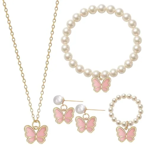 GWAWG - Conjunto de joyas para niños, niñas, collar de pulsera, anillo de mariposas, en forma de corazón, diseño de princesa, regalo de cumpleaños, Navidad, regalo, One Size, Metal, 0