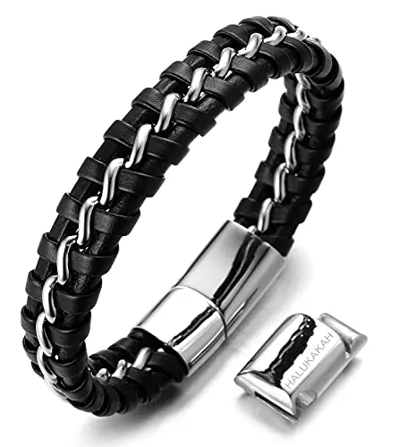 HALUKAKAH Niños ● Solo Junior ● Pulsera Ninos Cuero Genuina Negro 6-12+3 AÑOS Cadena Titanio Acero Inoxidable Cierre Magnético Negro&Plata Tamaño Ajustable 7"-7.7"(18-19.5cm) con CajaDeRegalo Gratis
