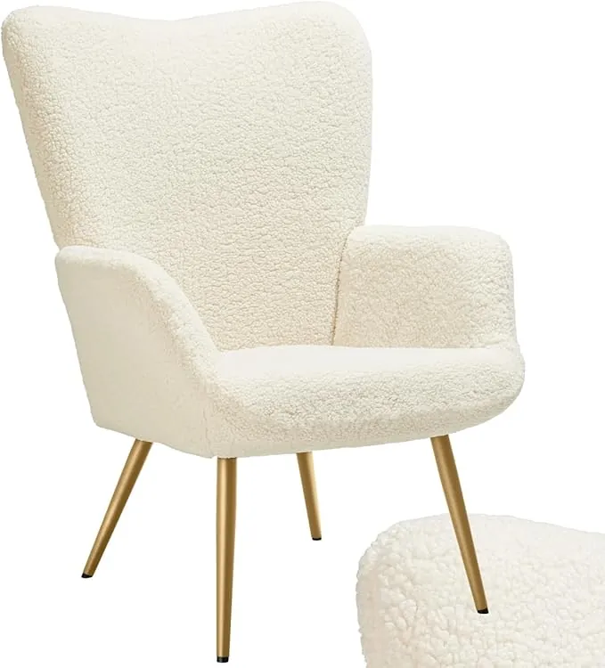 tectake® Sillón Orejero Estilo Escandinavo, Butaca de Salón con Tapizado en Tejido Bouclé, Sillón Lectura con Respaldo Ergonómico, Ideal Mueble de Salón, Topes en Patas, hasta 150kg - Crema/Dorado
