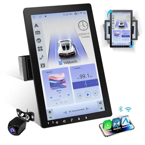 Haudio Radio de Coche 1 DIN, Pantalla Giratoria 360° Extraíble 10,1 Pulgadas, CarPlay y Android Auto Inalámbricos, Android 13, BT 5.3, 4.2 Canales 240W, Subwoofers, Cámara Trasera, RDS/FM/Am, 2+32GB