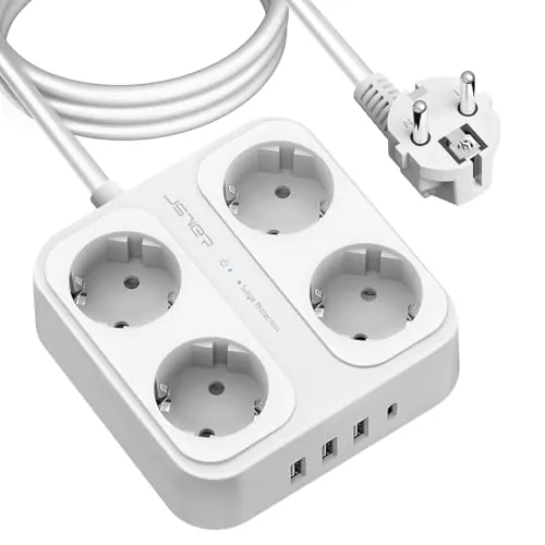 JSVER Regleta Enchufe 3M con 4 Tomas con 3USB A y 1 USB C (5 V/3,4 A),Protección contra Sobretensiones para el hogar, la Oficina y los Viajes Cable 3m-Blanco