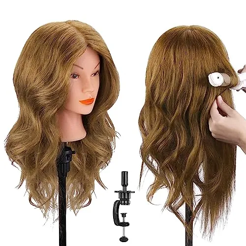 Cabeza Maniqui Peluqueria, TopDirect 18"/46cm 100% Cabello Humano Real Cabeza de Maniquí para Peinar Practicas Formación Muñeca de la Cosmetología con Soporte de Mesa + Accesorios Pelo Niña