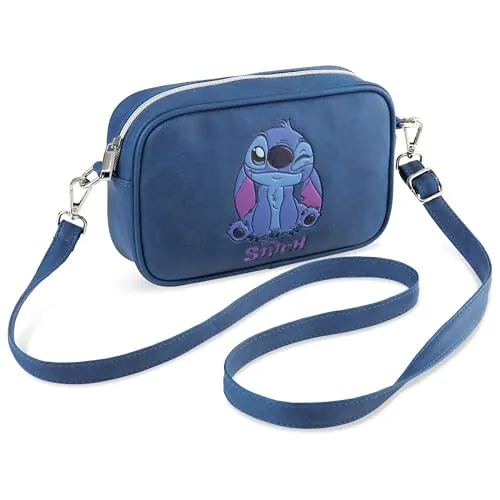 Disney Stitch Bolso Bandolera con Correa y Cierre de Cremallera para Niñas (Azul)