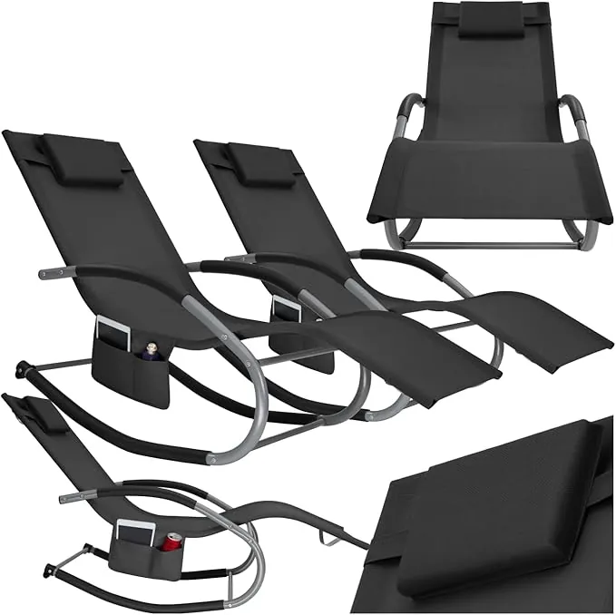 tectake® Tumbona Jardin Exterior con Movimiento Oscilante, Tumbonas Piscina con Bolsillo Lateral, Resistente al Agua, Tumbonas Jardin Exterior, Sillas de Terraza - 2 Unidades Negro