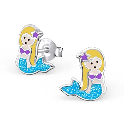 Pendientes de sirena azul brillante 925 plata real pendientes niñas niños, 9 x 8mm, Plata de ley Esmalte, Sin piedra preciosa