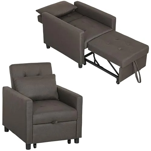 HOMCOM Sofá Cama de 1 Plaza 3 en 1, Sillón Cama Tapizado en Lino, con Respaldo Ajustable de 3 Niveles, Almohada Acolchada, para Oficina, Dormitorio, Salón, 69x82,5x84 cm, Marrón Oscuro