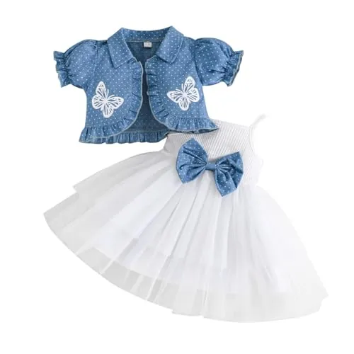 LUVCES Conjunto de Tutú Vestido y Cárdigan para Bebe Niña Elegante Sin Mangas Pajarita Tul Vestido y Cárdigan Set Verano 2 Piezas Vestido Ropa Trajes Manga Corta Blanco 9-12 Meses