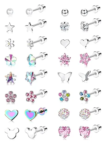 Diamday 16 Pares Pequeños Pendientes Cartílago para Niñas y Mujeres - Set de Acero Inoxidable con CZ, Corazón, Flor, Estrella - Piercing Conch, Tragus, Helix - Joyería Multicolor A
