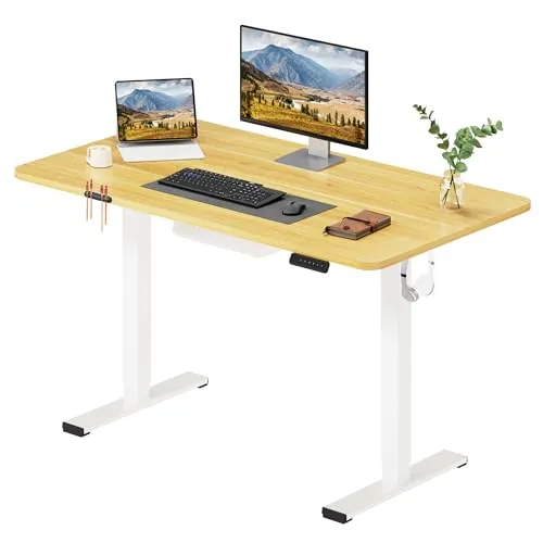 SANODESK Escritorio Elevable Eléctrico 120cm con Tablero Entero de Una Pieza, Regulable en Altura con Memoria, Estable y Silencioso, con Gancho y Portabotella, Oficina y Hogar (Arce)