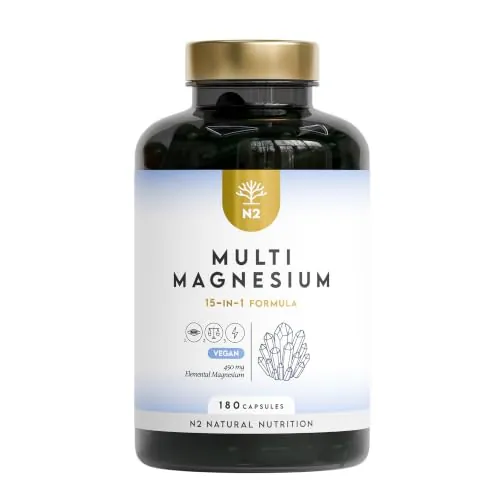 Multimagnesio 15 en 1. Complex de Magnesio. Bisglicinato, Citrato, Malato, Taurato, Cloruro, Pidolato y Más. 180 Cápsulas. N2 Natural Nutrition