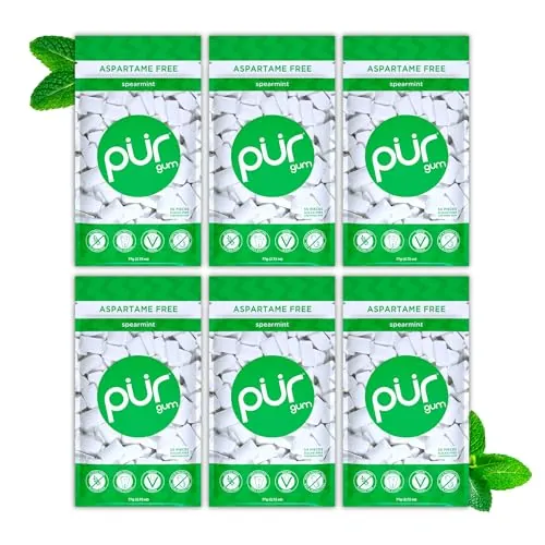 PUR Gum chicle sin azúcar con xilitol, vegano, sin aspartamo y sin gluten, sabor spearmint, 55 piezas (paquete de 6)