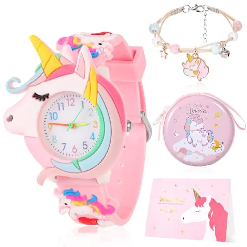Reloj de Infantil Reloj Digital para Niña Relojes de Cuarzo Cute 3D Cartoon Silicona Correa Suave Reloj Dibujos Con Tarjeta de Felicitación,Monedero Pulsera Relojes Analógicos para Niños 3 a 12 años